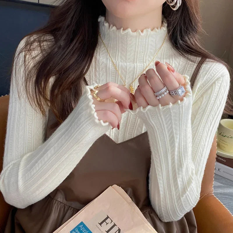 Knitted Sweater Long Sleeve Mock Neck White Knit Sweater Pullover