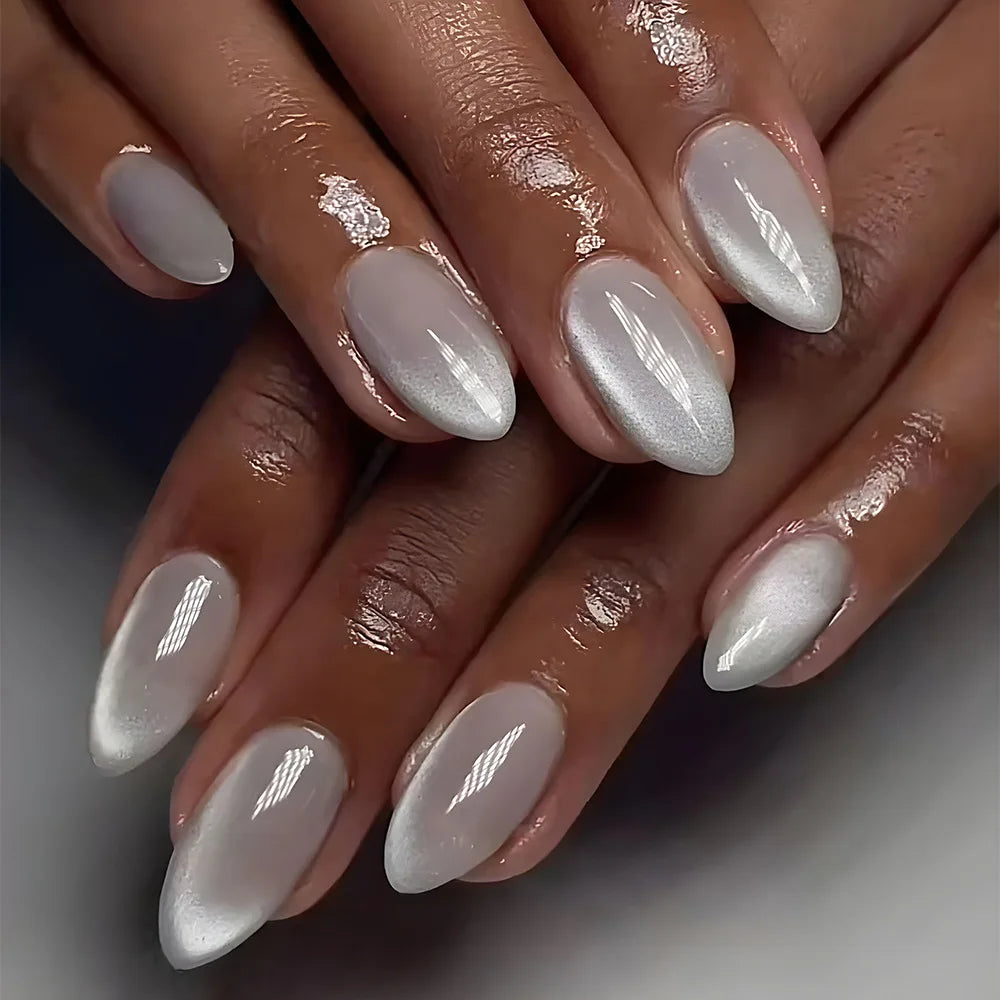 24Pcs Metallic Cat Eye French Sheer Manicure Tip Art Textured 3D Acrylic False Nails
