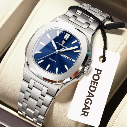 Square Date Week Waterproof Luminous Stainless Steel Quartz Watches