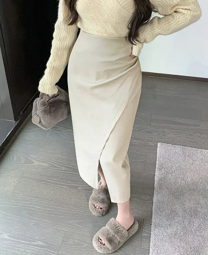 Autumn Winter Front Split PU Leather Long Skirts