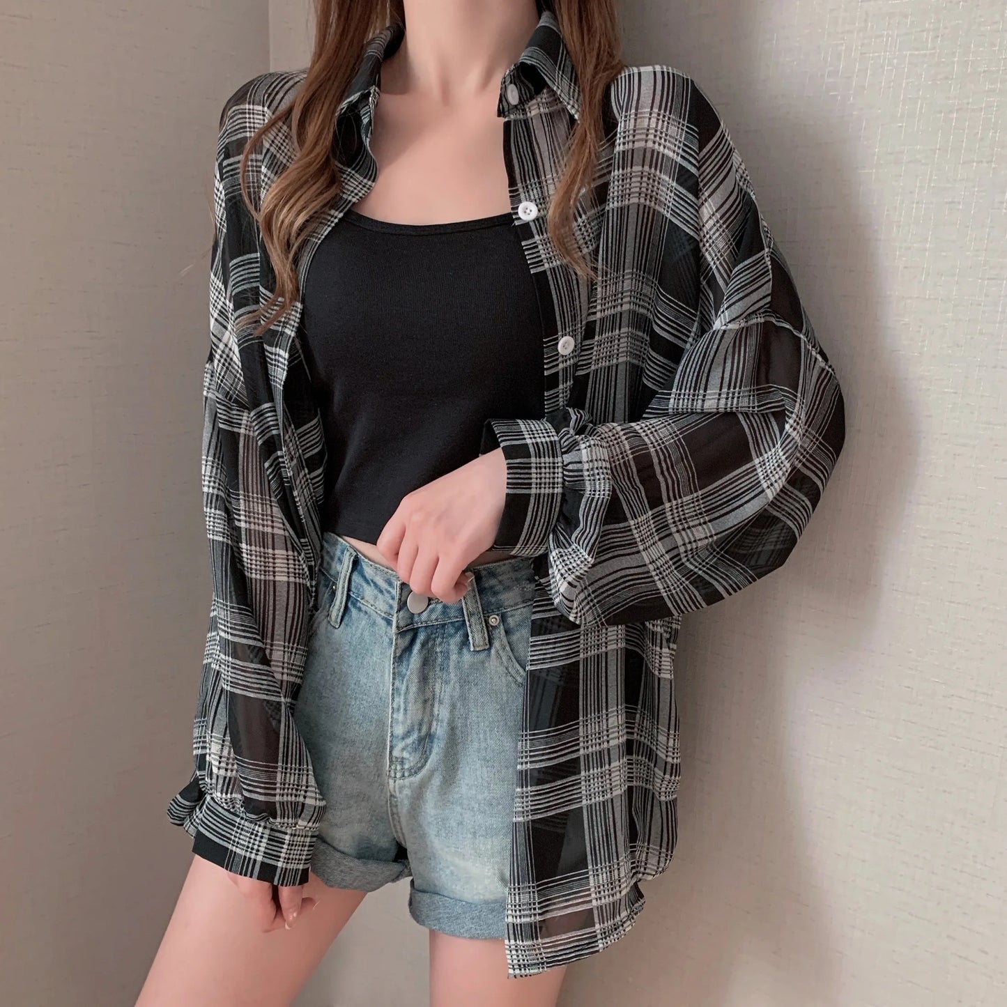 Sheer Chiffon Plaid Oversized Shirt