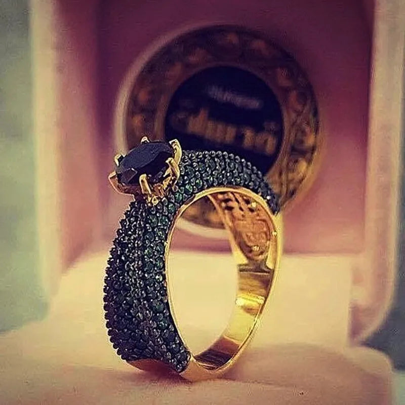 Luxury Gold Plated Black Stone Green Stone Engagement Ring Set