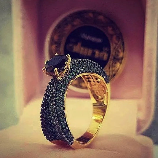 Luxury Gold Plated Black Stone Green Stone Engagement Ring Set