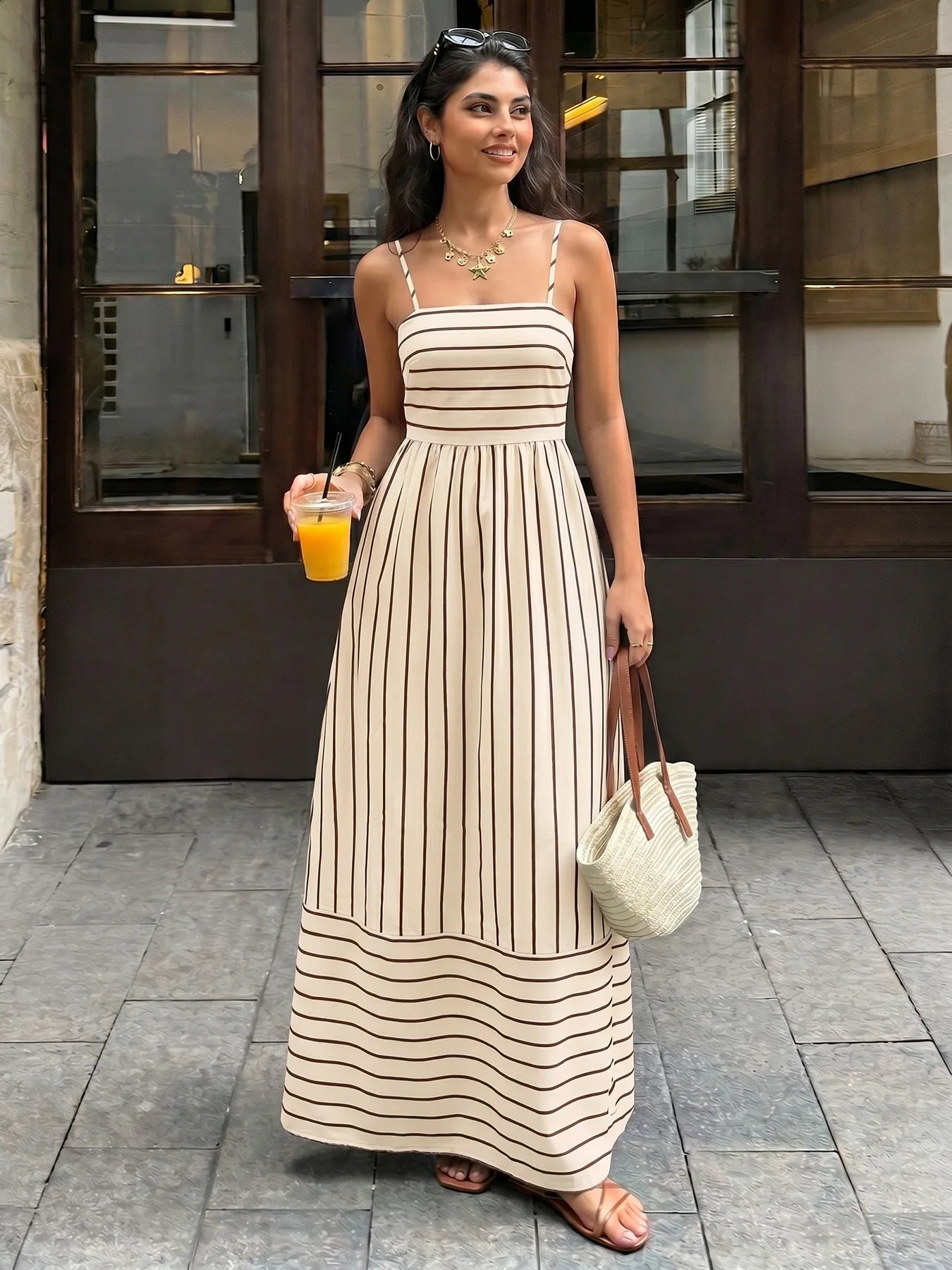 Striped Backless Loose Beach Causal Slip Strapless Long Dress