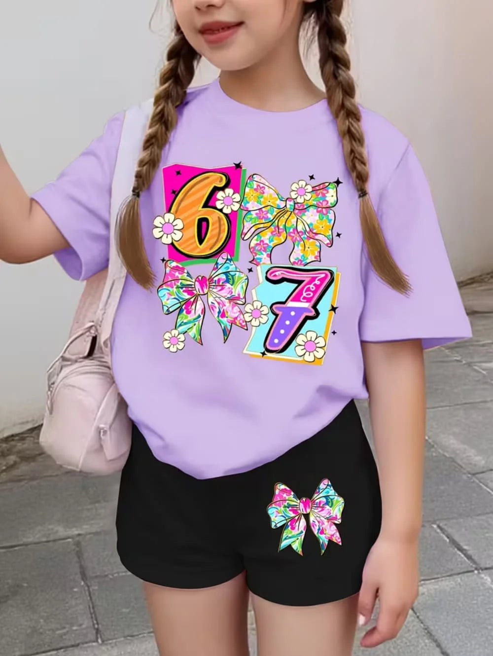 67 Six Seven Cute Bows Flowers Print Short Sleeve T-Shirt Set