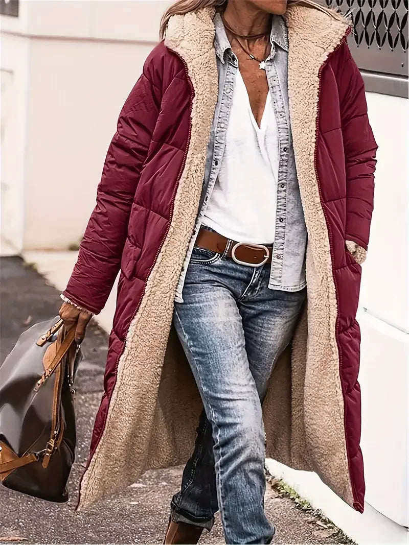 Warm Reversible Hooded Long Puffer Coat Fleece Lined Zip Up Winter Parka