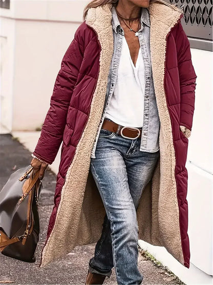 Warm Reversible Hooded Long Puffer Coat Fleece Lined Zip Up Winter Parka
