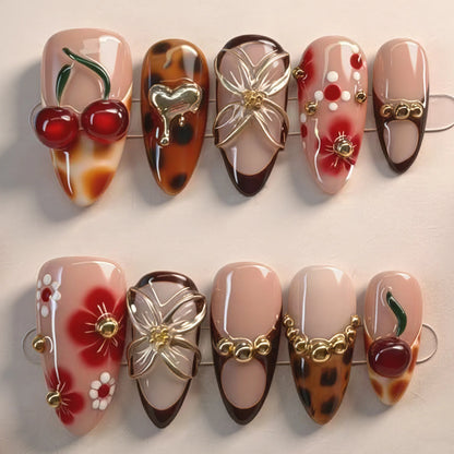24Pcs Gilded 3D Flower Press on Nails Black French Leopard Print False Nails