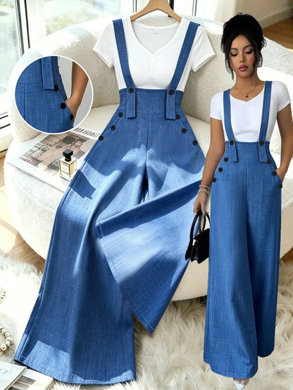 Casual Elegant Button Detail Wide Leg Pants Overalls