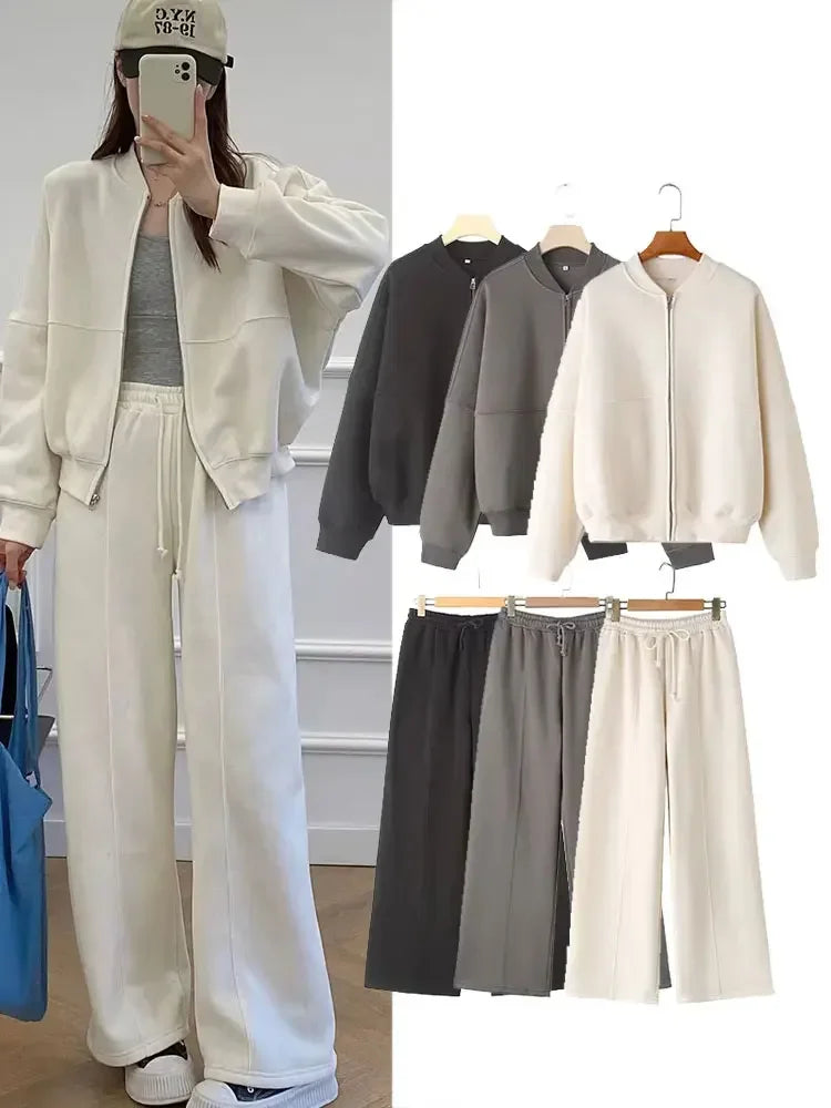 Fall Bomber Jacket Sweatshirt Wide Leg Pants Set