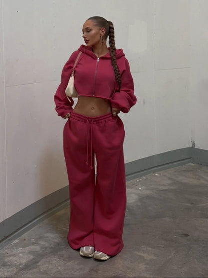 Zip-up Cropped Sweatshirt and Long Pants Casual Hoodies Sweatpants Set