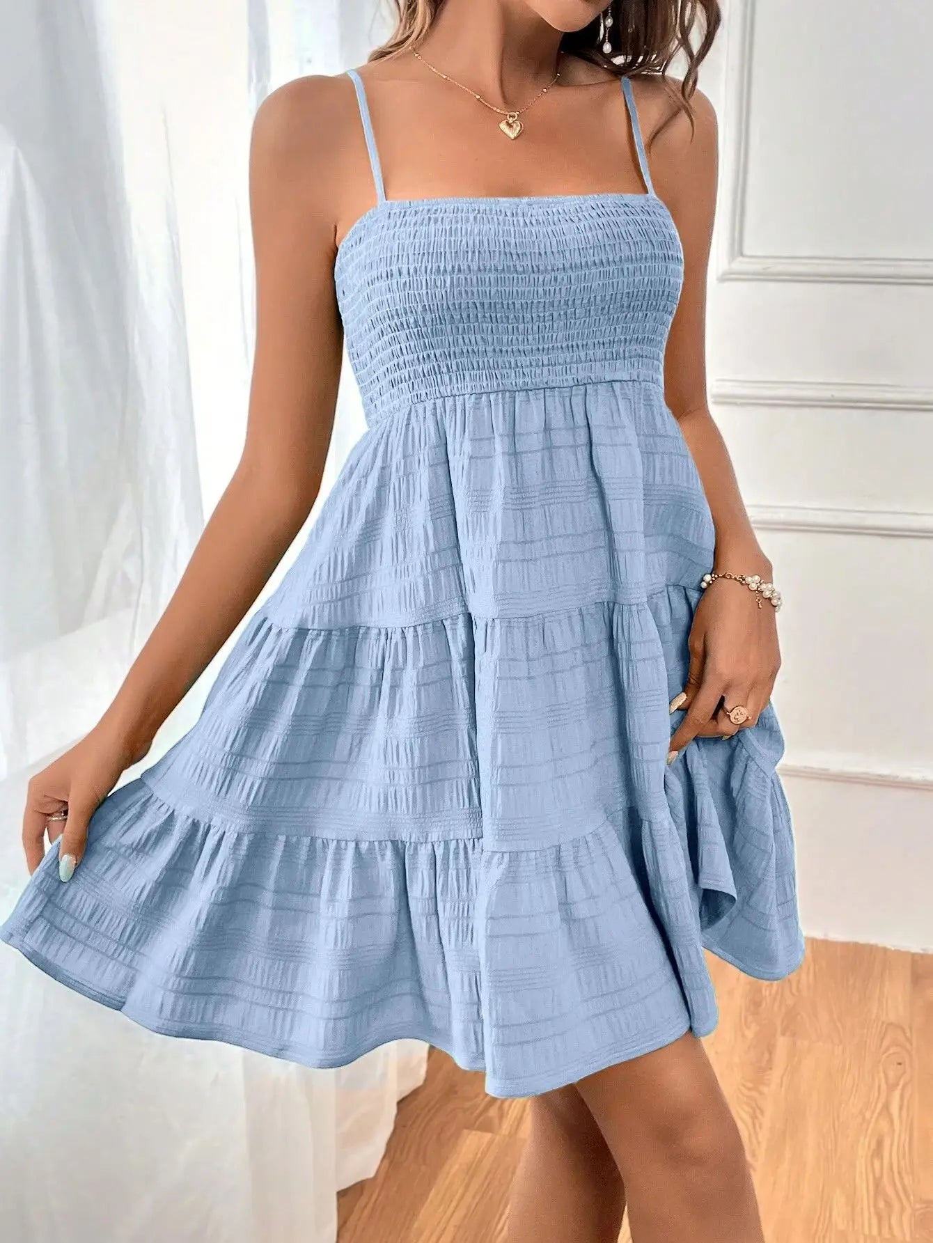 Spaghetti Strap Smocked Bustier Mini Swing Dress
