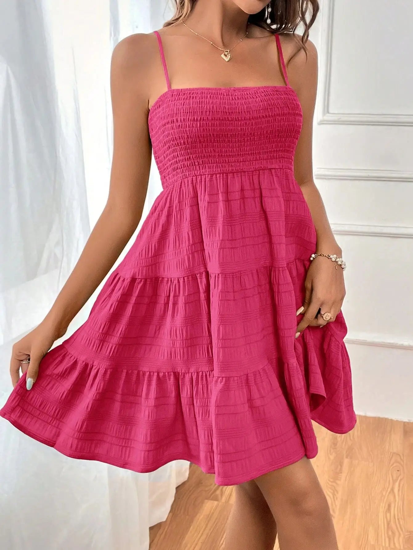 Spaghetti Strap Smocked Bustier Mini Swing Dress