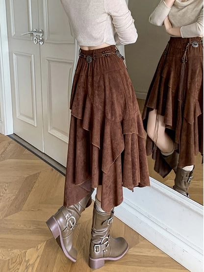 American Retro Asymmetry Suede  Bohemian Midi Skirt