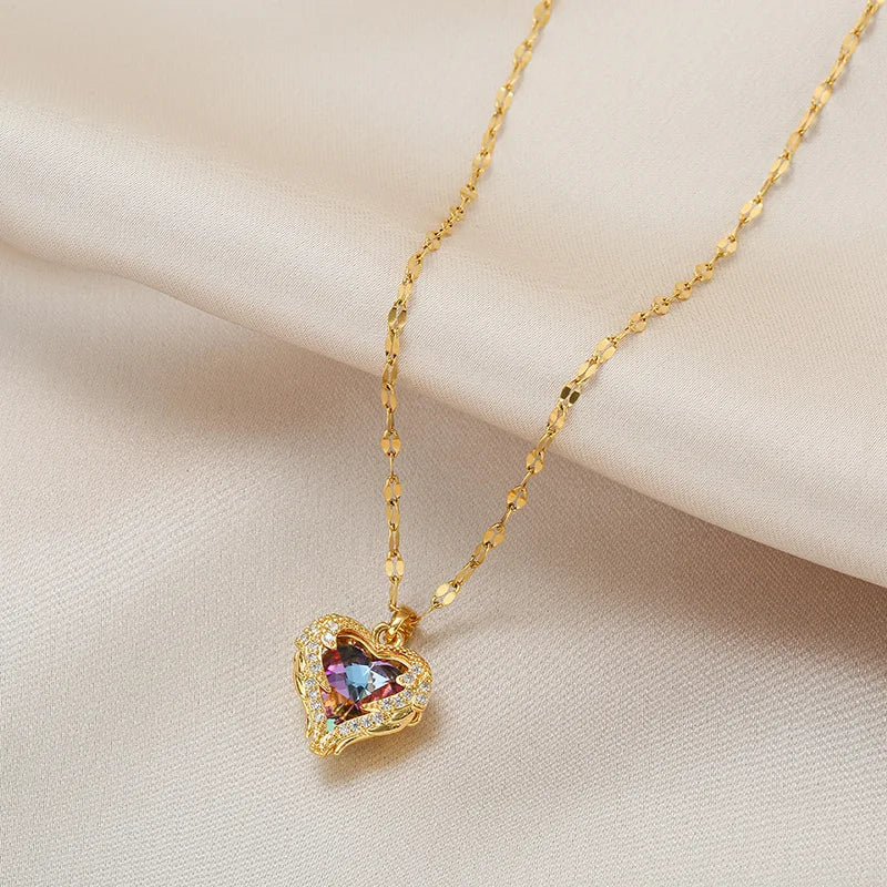 Colorful Crystal Ocean Heart Pendant Necklace Jewelry