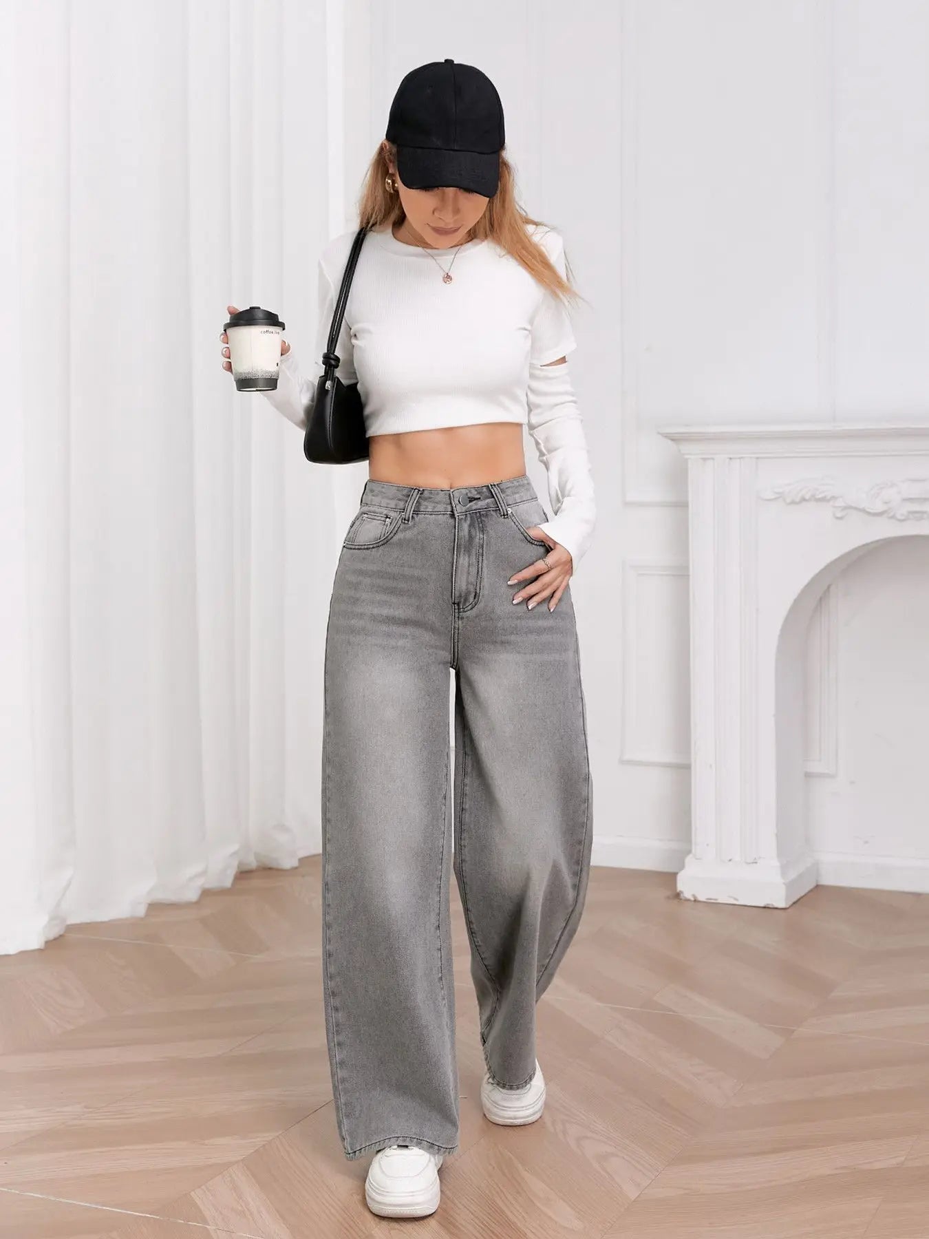 Sky Gray Wide Leg Comfortable Match Jeans