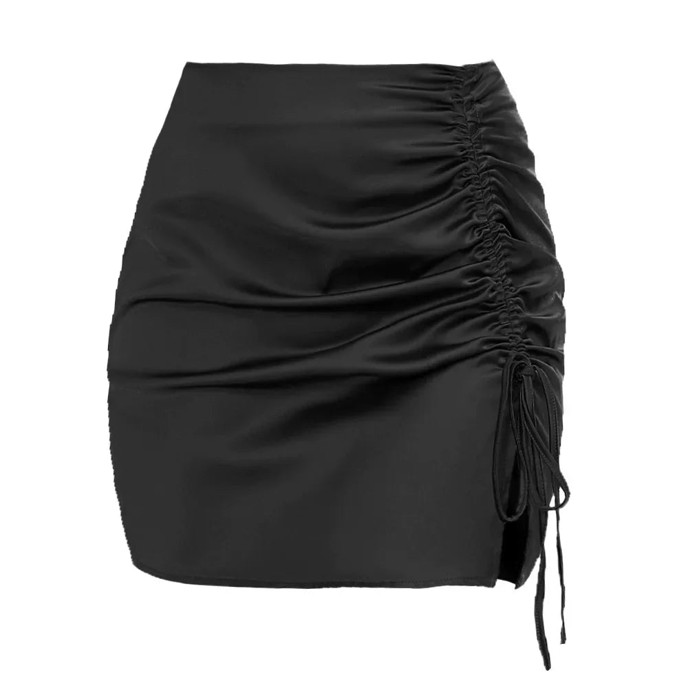 Ruffle Sexy High Waist Zip Satin Midi Skirt