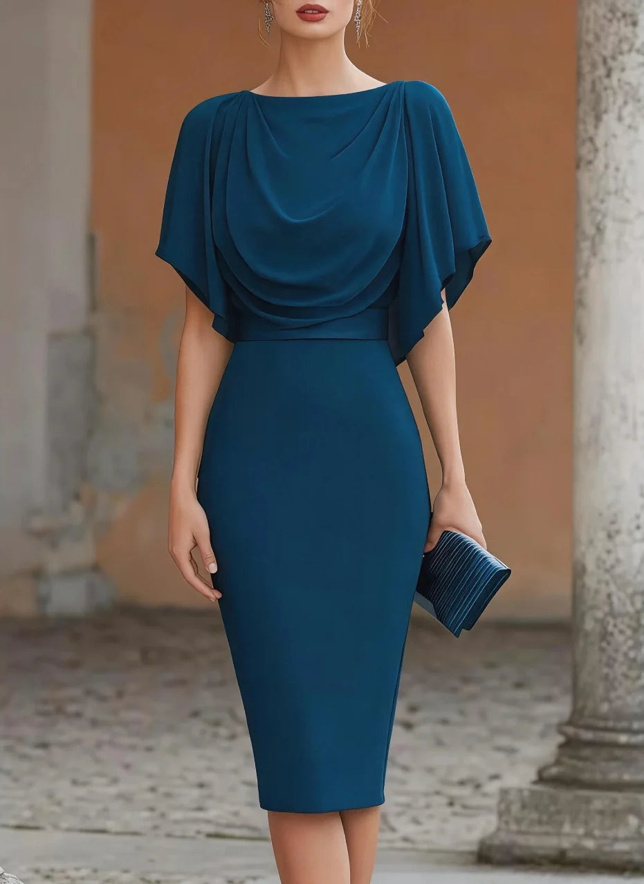Short Sleeve Midi Cowl Neck Bodycon Elegant Cocktail Dress