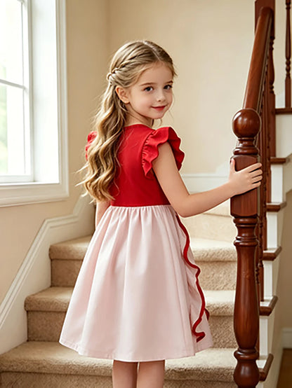 Girls Red and White Color Block Princess Flutter Sleeve Bow Tutu Dress