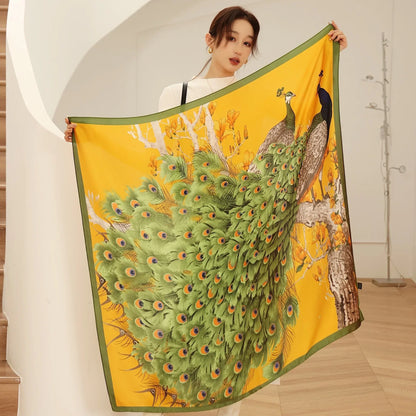 Chal cuadrado de seda con estampado de caballos de lujo