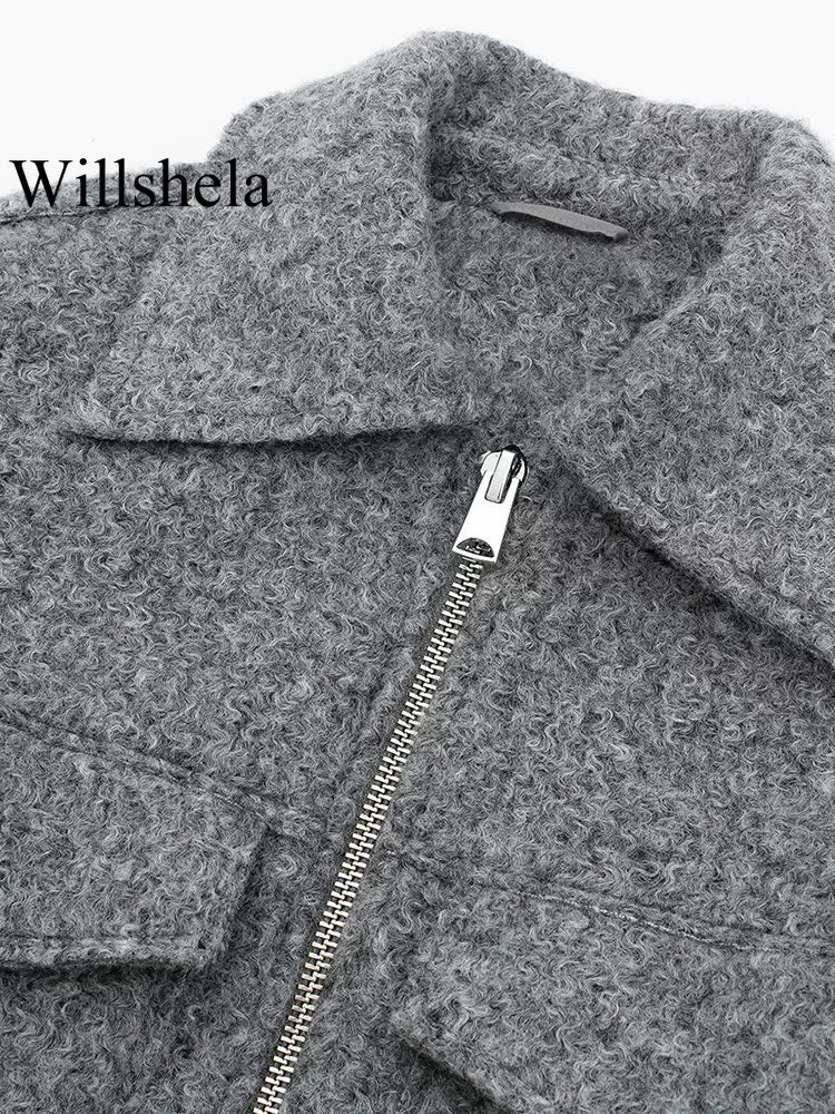 Grey Front Zipper Vintage Lapel Neck Long Sleeves Chic Jacket