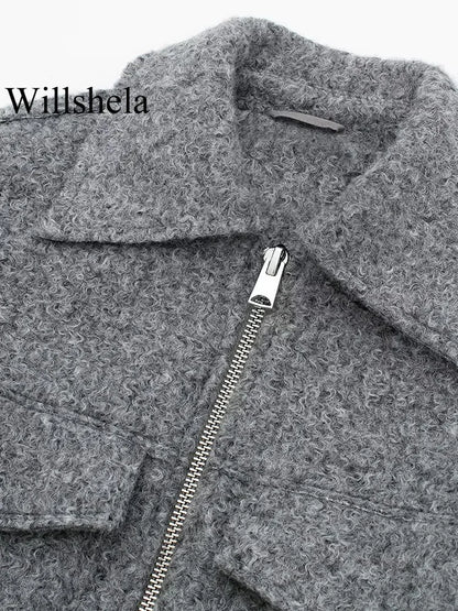Grey Front Zipper Vintage Lapel Neck Long Sleeves Chic Jacket