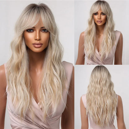 Long Natural Wavy Platinum Blonde Wigs