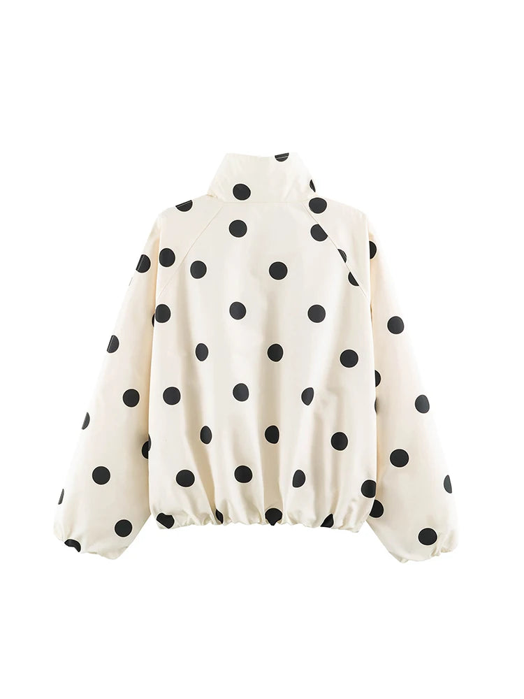 Retro Polka Dot Printed Bomber Stand Collar Oversized Casual Jacket