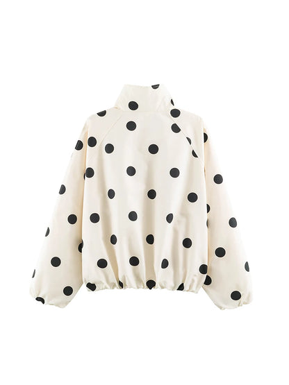 Retro Polka Dot Printed Bomber Stand Collar Oversized Casual Jacket