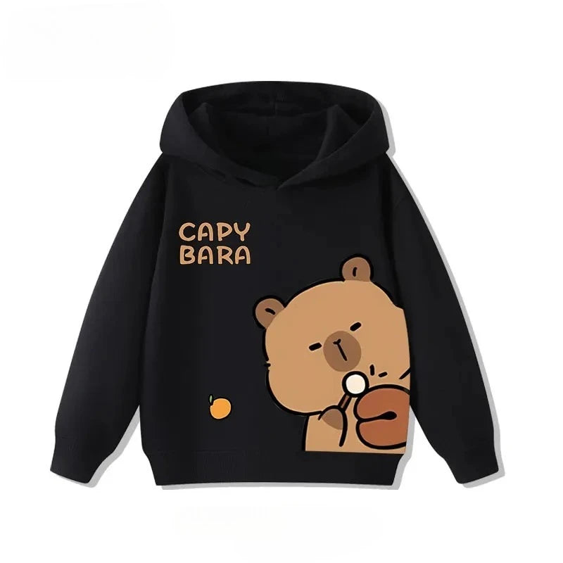 Autumn Winter Cartoon Cute Capybara Print Hooded Pullover