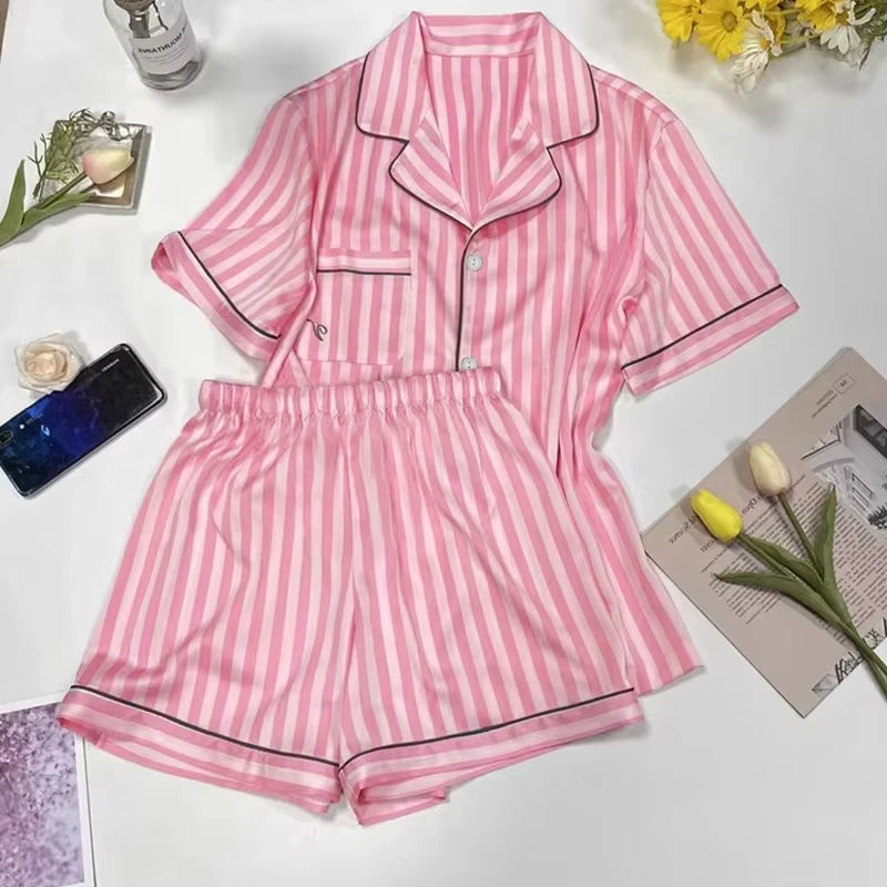 Cardigan Striped Short-Sleeved Short Pyjamas Set