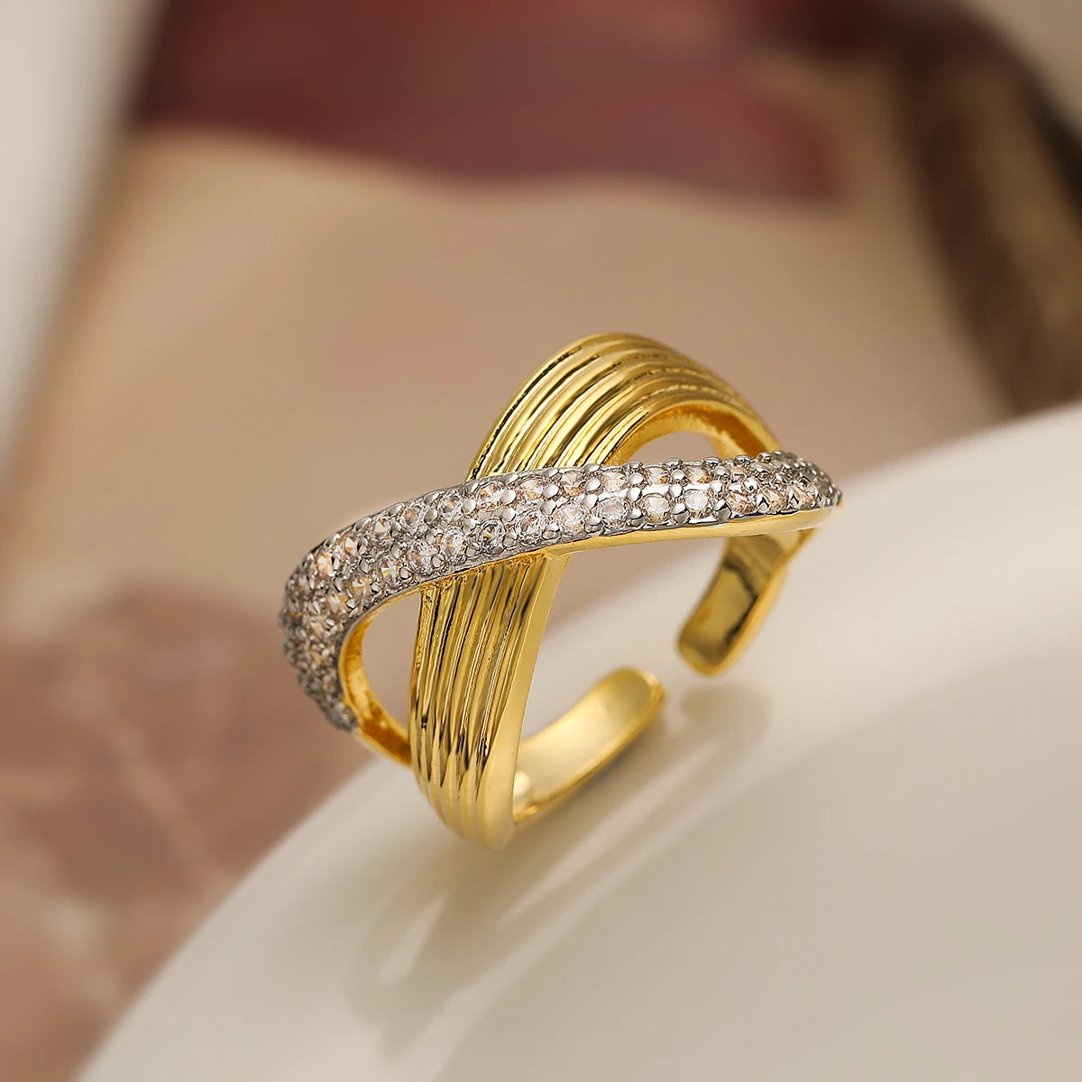 Gold/Silver Geometric Shiny AAA CZ Inlay Copper Rings