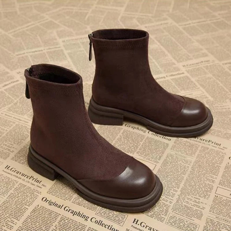 Patchwork Suede Ankle Boots Back Zipper Chunky Platform Heel Short Boots