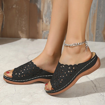 Wedge-Heeled Thick-Soled Casual Hollow Flower Flip-Flops Slipper