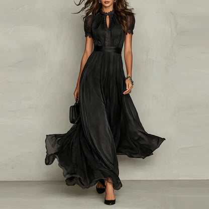 Elegant Chiffon Lace Trim Midi Stand Collar Neck Puff Sleeve Cinched Casual Dresses