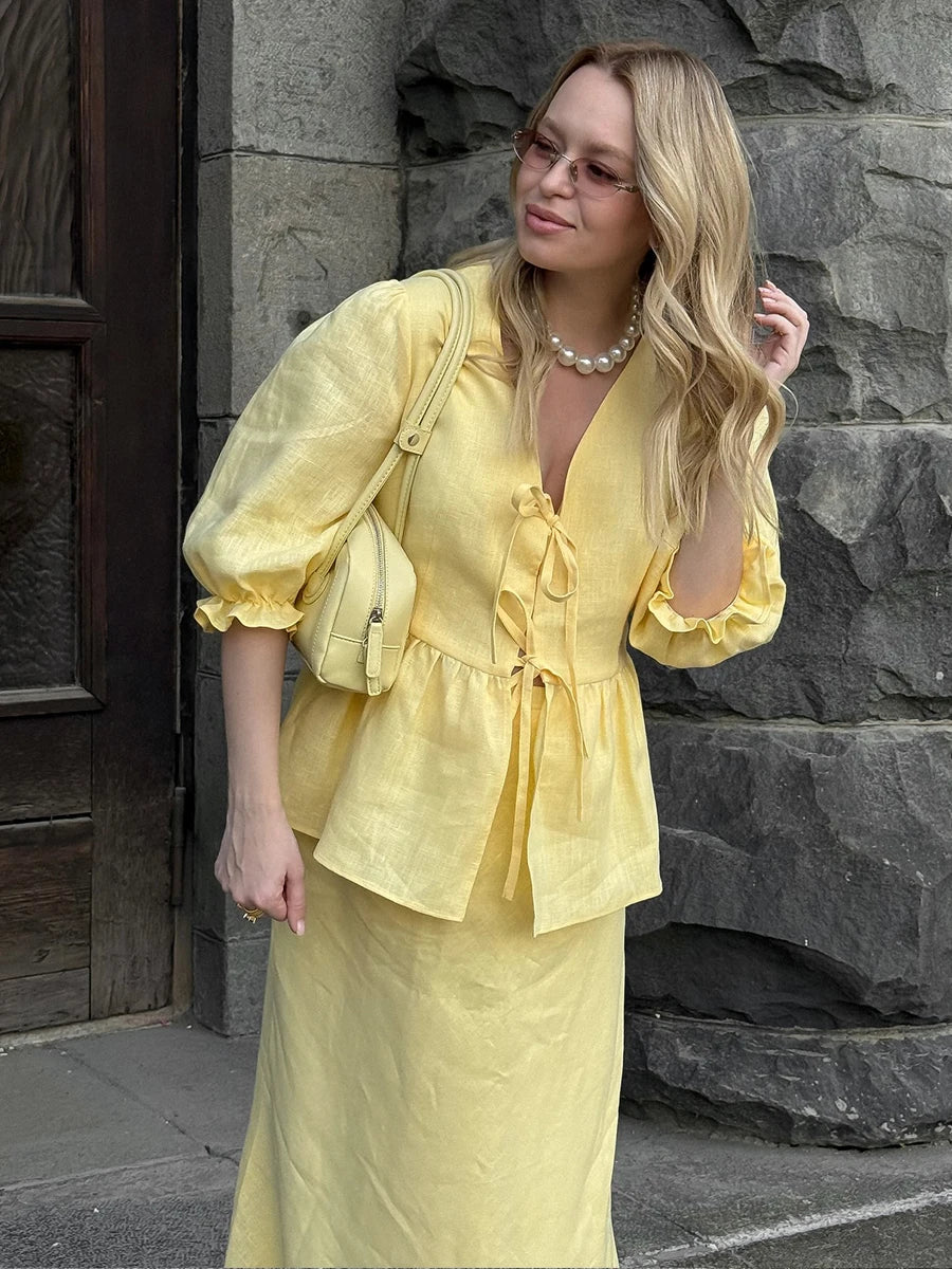 100% Cotton Bubble Sleeve Shirt  Long Skirt Set