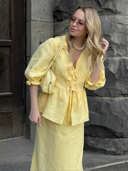 100% Cotton Bubble Sleeve Shirt  Long Skirt Set