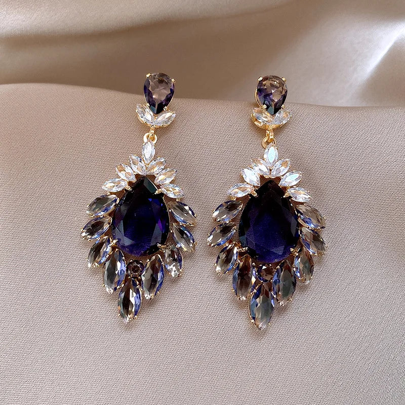 Vintage Blue Water Drop Crystal Clips Earrings