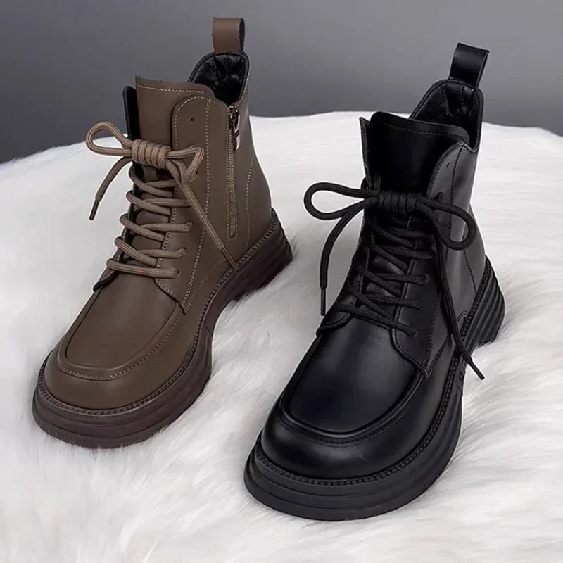 Plush Platform Warm Short Flat Bottom Lace Up Ankle Boots