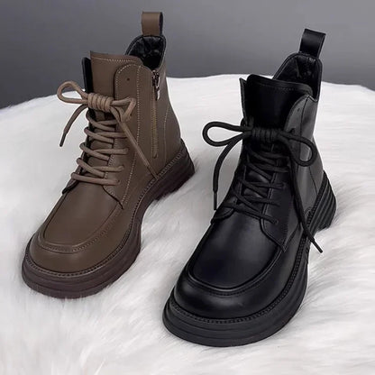 Plush Platform Warm Short Flat Bottom Lace Up Ankle Boots
