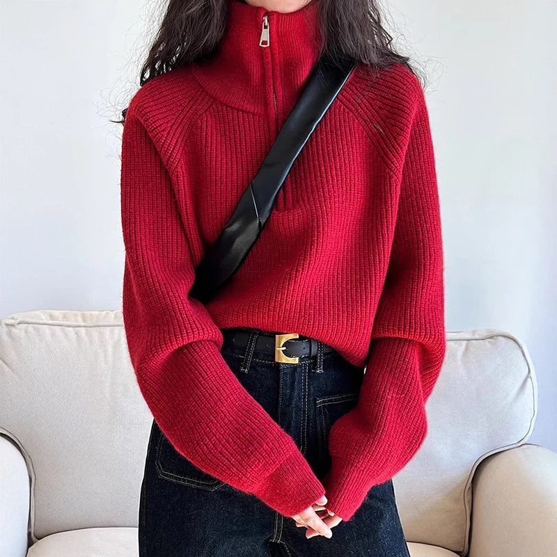 Half Zipper Collar Soft Knitted Long Sleeve Short Jumper Korean Sweater Pullovers