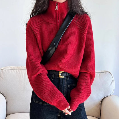 Half Zipper Collar Soft Knitted Long Sleeve Short Jumper Korean Sweater Pullovers