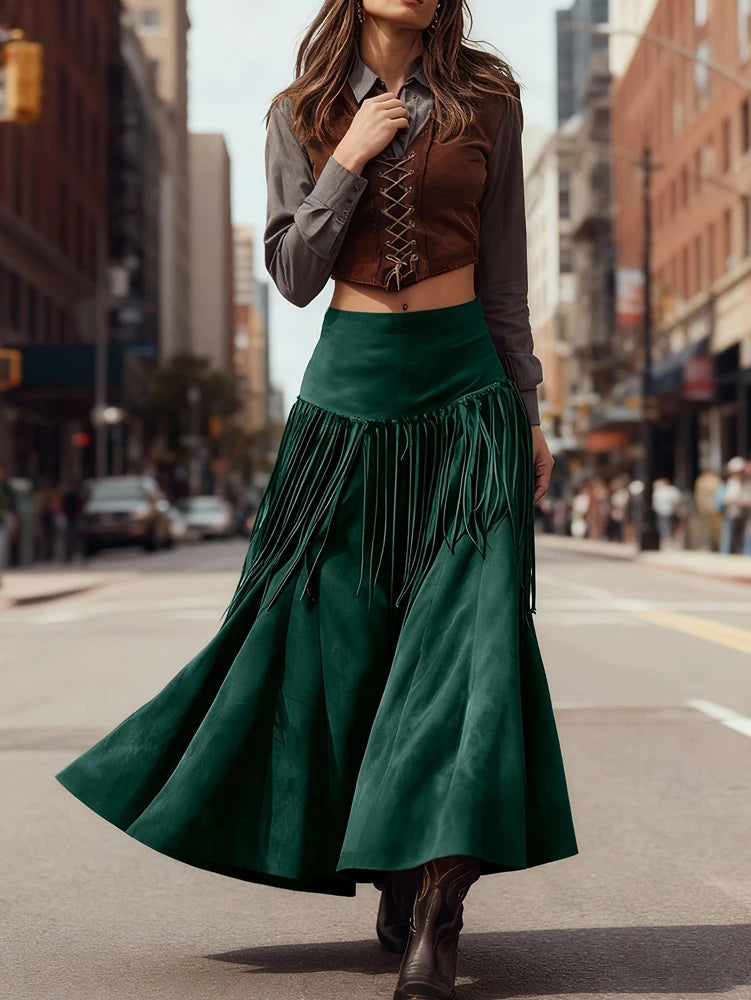 Ethnic Elegant Solid Tassel Slim Fit Midi Skirt
