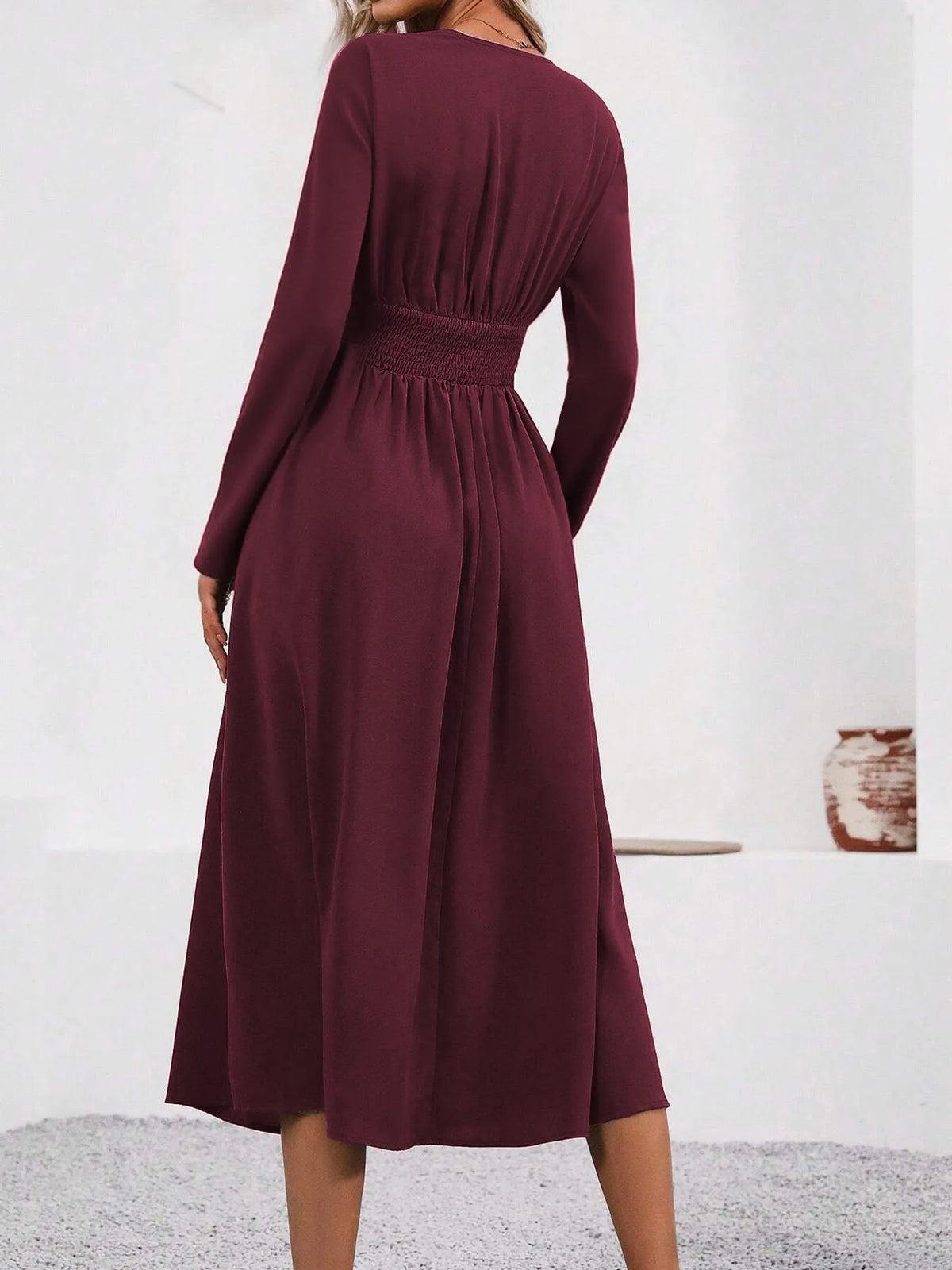 Elegant V-Neck Long Sleeve with Waist Shirring Bodycon Long Maxi Dress