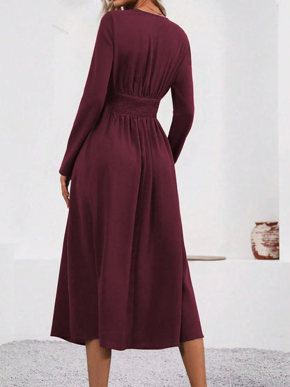 Elegant V-Neck Long Sleeve with Waist Shirring Bodycon Long Maxi Dress