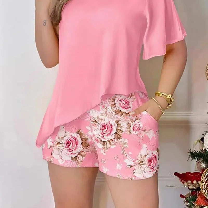 Color Lapel Irregular Hem Top +Printed Shorts Suit Set