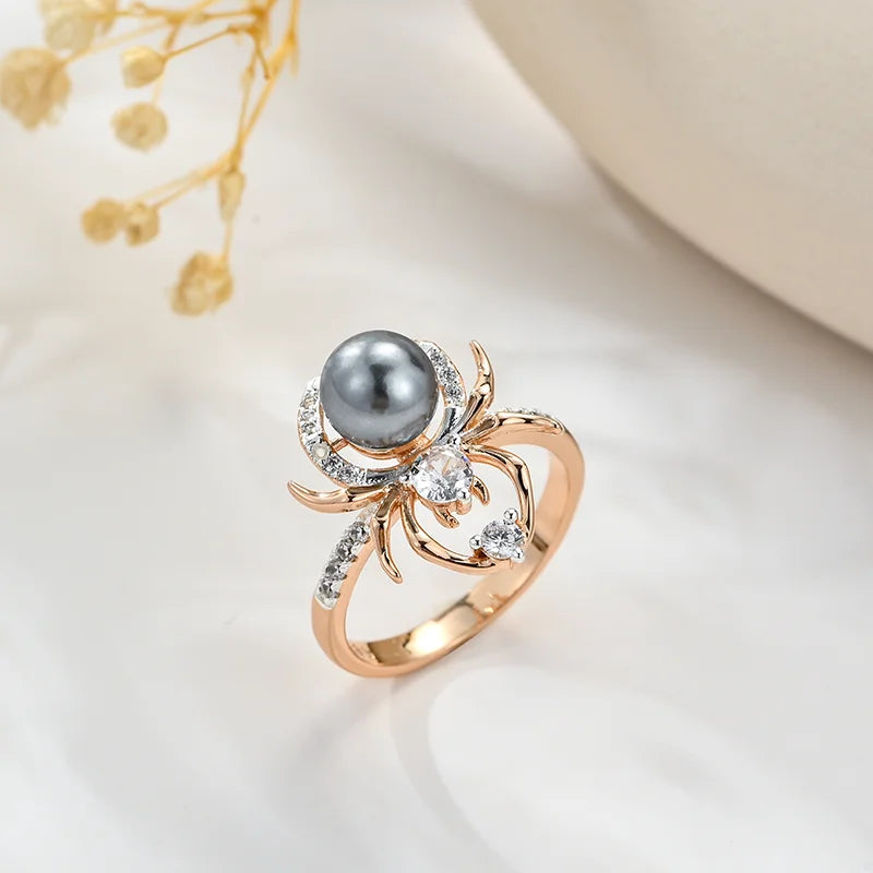 Spider Shape 585 Rose Gold With Grey Pearl Rings