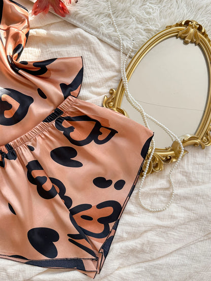 Heart Print Spaghetti Strap Sleepwear Bold Loungewear Pajama Sets
