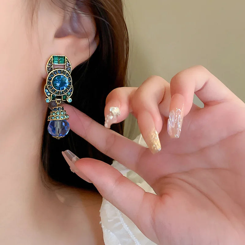 Vintage Blue Water Drop Crystal Clips Earrings