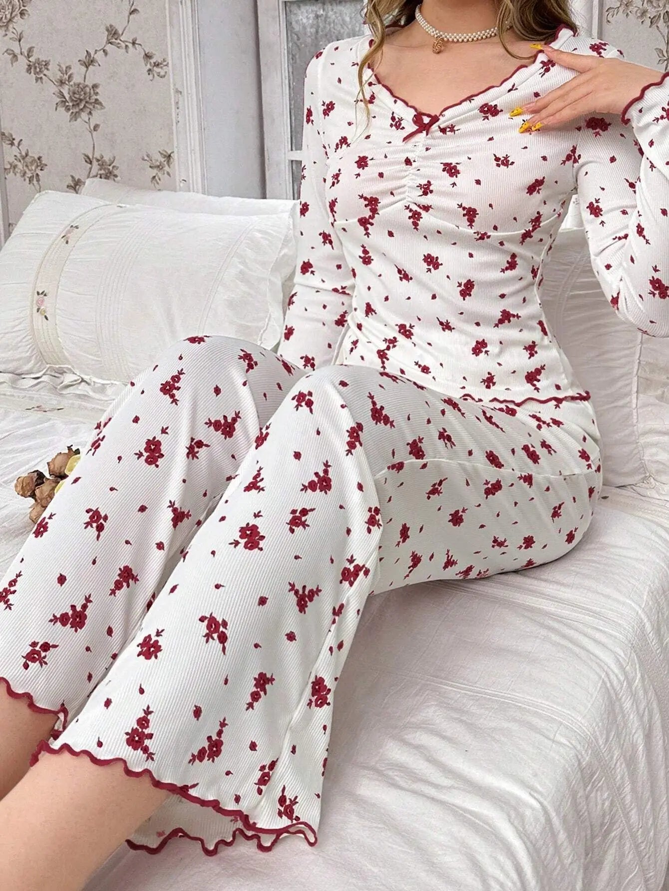 Round Neck Floral Printed Long Sleeve Home Wear Loungewear Set